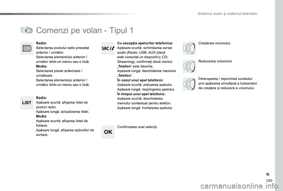 TOYOTA PROACE VERSO 2020 Manual de utilizare (in Romanian) 389
Comenzi pe volan - Tipul 1
Radio:Apăsare scurtă: afișarea listei de posturi radio.Apăsare lungă: actualizarea listei.Media:Apăsare scurtă: afișarea listei de foldere.Apăsare lungă: afiș TOYOTA PROACE VERSO 2020 Manual de utilizare (in Romanian) 389
Comenzi pe volan - Tipul 1
Radio:Apăsare scurtă: afișarea listei de posturi radio.Apăsare lungă: actualizarea listei.Media:Apăsare scurtă: afișarea listei de foldere.Apăsare lungă: afiș