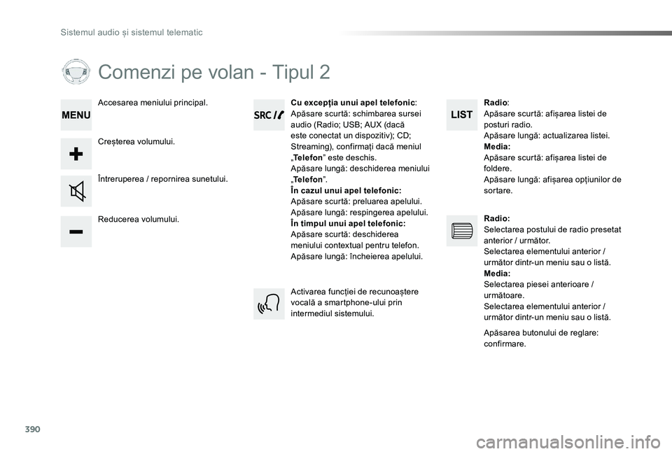 TOYOTA PROACE VERSO 2020 Manual de utilizare (in Romanian) 390
Comenzi pe volan - Tipul 2
Reducerea volumului.
Întreruperea / repornirea sunetului.
Cu excepția unui apel telefonic:Apăsare scurtă: schimbarea sursei audio (Radio; USB; AUX (dacă este conect TOYOTA PROACE VERSO 2020 Manual de utilizare (in Romanian) 390
Comenzi pe volan - Tipul 2
Reducerea volumului.
Întreruperea / repornirea sunetului.
Cu excepția unui apel telefonic:Apăsare scurtă: schimbarea sursei audio (Radio; USB; AUX (dacă este conect