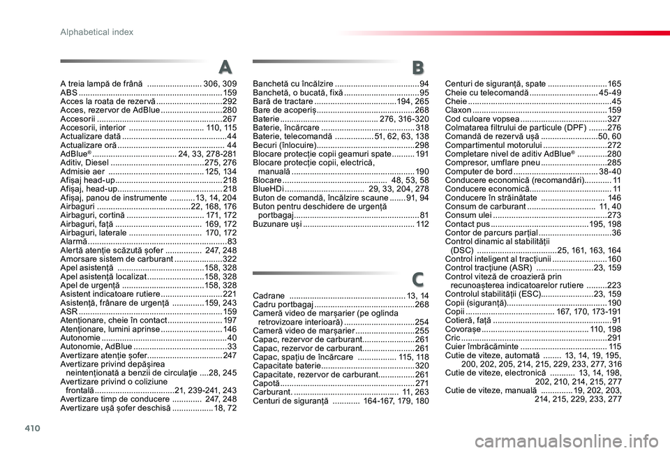 TOYOTA PROACE VERSO 2020 Manual de utilizare (in Romanian) 410
A treia lampă de frână ........................306, 309ABS ...............................................................159Acces la roata de rezer vă .............................292Acces, TOYOTA PROACE VERSO 2020 Manual de utilizare (in Romanian) 410
A treia lampă de frână ........................306, 309ABS ...............................................................159Acces la roata de rezer vă .............................292Acces,