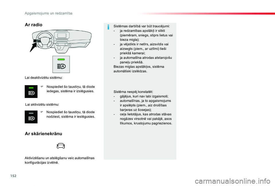 TOYOTA PROACE VERSO 2020  Lietošanas Instrukcija (in Latvian) 152
Proace Verso_lv_Chap04_eclairage-et-visibilite_ed2019_V02
Sistēmas darbībā var būt traucējumi:- ja redzamības apstākļi ir slikti (piemēram, sniegs, stiprs lietus vai bieza migla);- ja vē