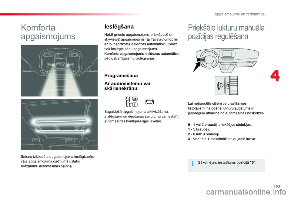 TOYOTA PROACE VERSO 2020  Lietošanas Instrukcija (in Latvian) 153
Proace Verso_lv_Chap04_eclairage-et-visibilite_ed2019_V02
Programēšana
Komfor ta 
apgaismojums
Salona izkliedēta apgaismojuma ieslēgšanās vāja apgaismojuma gadījumā uzlabo redzamību auto