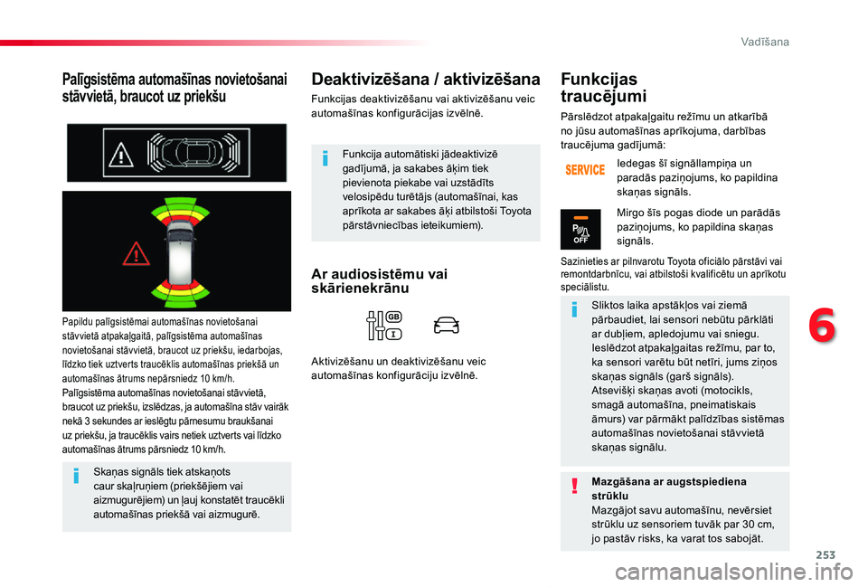 TOYOTA PROACE VERSO 2020 Lietošanas Instrukcija (in Latvian) 253
Proace Verso_lv_Chap06_conduite_ed2019_V02
Palīgsistēma automašīnas novietošanai
stāvvietā, braucot uz priekšu
Papildu palīgsistēmai automašīnas novietošanai stāvvietā atpakaļgait TOYOTA PROACE VERSO 2020 Lietošanas Instrukcija (in Latvian) 253
Proace Verso_lv_Chap06_conduite_ed2019_V02
Palīgsistēma automašīnas novietošanai
stāvvietā, braucot uz priekšu
Papildu palīgsistēmai automašīnas novietošanai stāvvietā atpakaļgait
