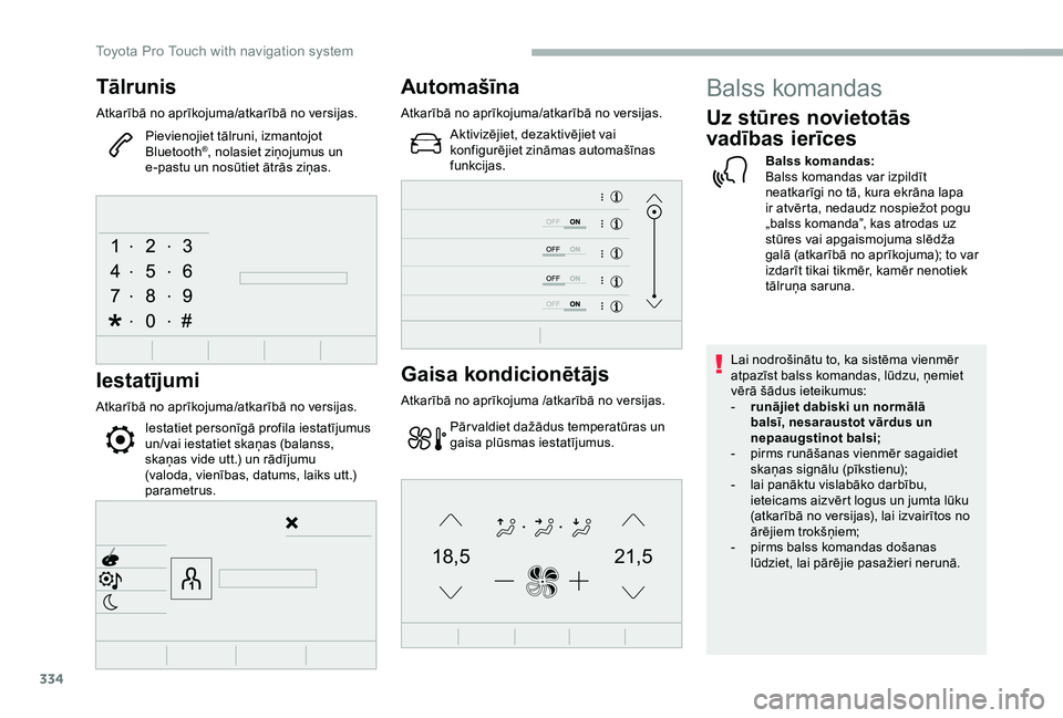 TOYOTA PROACE VERSO 2020  Lietošanas Instrukcija (in Latvian) 334
21,518,5
Tālrunis
Atkarībā no aprīkojuma/atkarībā no versijas.
Pievienojiet tālruni, izmantojot Bluetooth®, nolasiet ziņojumus un e-pastu un nosūtiet ātrās ziņas.
Iestatījumi
Atkarī