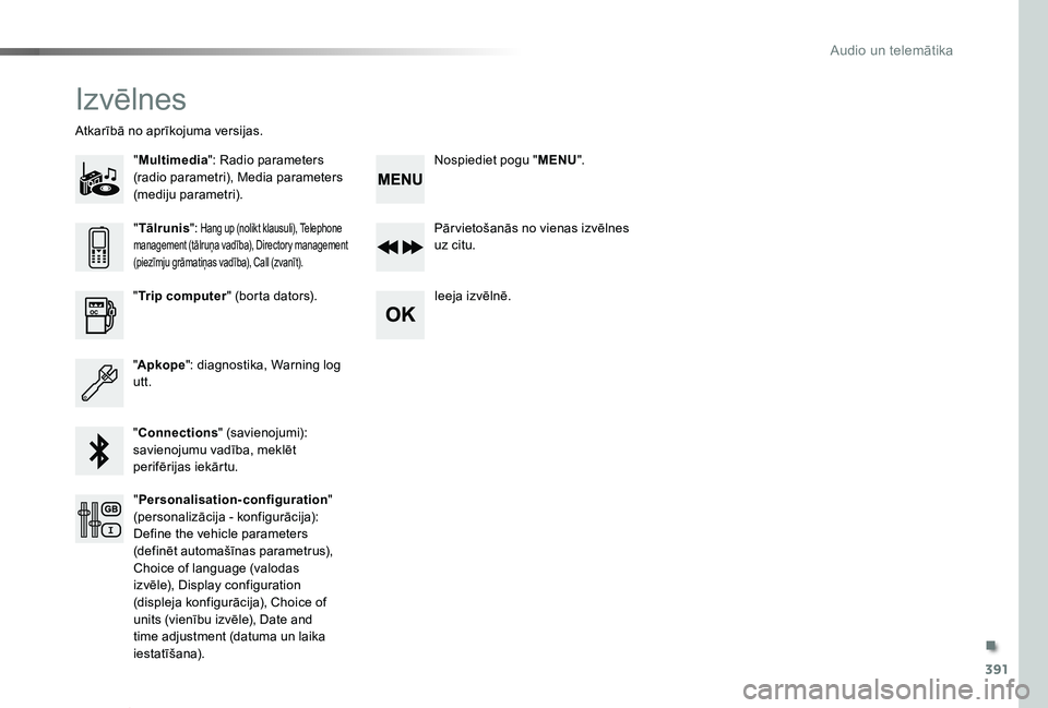 TOYOTA PROACE VERSO 2020  Lietošanas Instrukcija (in Latvian) 391
Proace Verso_lv_Chap10d_RD6_ed2019_V02
Izvēlnes
"Multimedia": Radio parameters (radio parametri), Media parameters (mediju parametri).
Atkarībā no aprīkojuma versijas.
Pār vietošanā