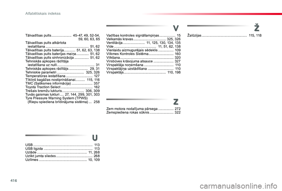 TOYOTA PROACE VERSO 2020  Lietošanas Instrukcija (in Latvian) 416
Proace Verso_lv_Chap11_index-alpha_ed2019_V02
s
r
Vadības kontroles signāllampiņas ................. 15Velkamās kravas  .................................. 325, 326Ventilācija ................