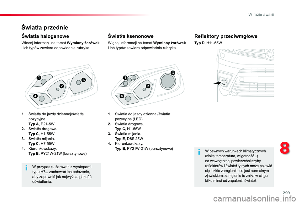 TOYOTA PROACE VERSO 2020 Instrukcja obsługi (in Polish) 299
Proace-Verso_pl_Chap08_En-cas-de-panne_ed01-2019
Światła przednie
Światła ksenonowe
Więcej informacji na temat Wymiany żarówek i ich typów zawiera odpowiednia rubryka.
Światła halogenowe TOYOTA PROACE VERSO 2020 Instrukcja obsługi (in Polish) 299
Proace-Verso_pl_Chap08_En-cas-de-panne_ed01-2019
Światła przednie
Światła ksenonowe
Więcej informacji na temat Wymiany żarówek i ich typów zawiera odpowiednia rubryka.
Światła halogenowe