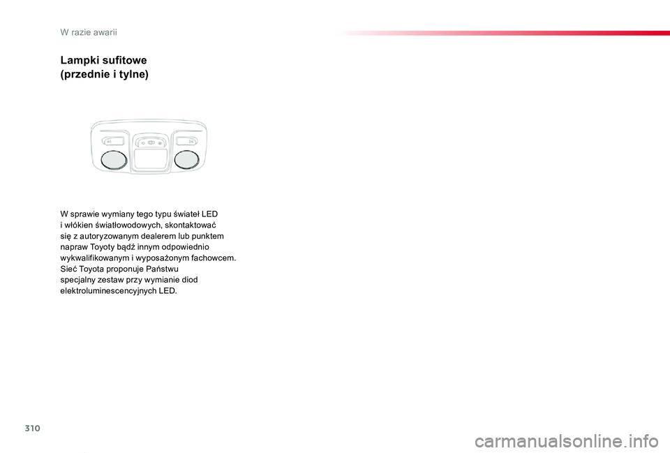 TOYOTA PROACE VERSO 2020  Instrukcja obsługi (in Polish) 310
Proace-Verso_pl_Chap08_En-cas-de-panne_ed01-2019
Lampki sufitowe
(przednie i tylne)
W sprawie wymiany tego typu świateł LED i włókien światłowodowych, skontaktować się z autoryzowanym deal