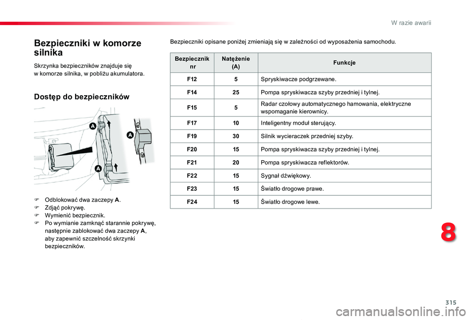 TOYOTA PROACE VERSO 2020 Instrukcja obsługi (in Polish) 315
Proace-Verso_pl_Chap08_En-cas-de-panne_ed01-2019
Bezpieczniki w komorze
silnika
F Odblokować dwa zaczepy A.F Zdjąć pokrywę.F Wymienić bezpiecznik.F Po wymianie zamknąć starannie pokrywę, TOYOTA PROACE VERSO 2020 Instrukcja obsługi (in Polish) 315
Proace-Verso_pl_Chap08_En-cas-de-panne_ed01-2019
Bezpieczniki w komorze
silnika
F Odblokować dwa zaczepy A.F Zdjąć pokrywę.F Wymienić bezpiecznik.F Po wymianie zamknąć starannie pokrywę,