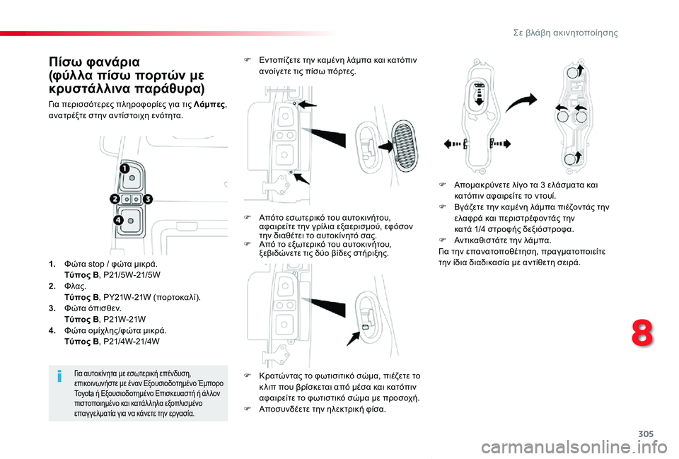 TOYOTA PROACE VERSO 2020 ΟΔΗΓΌΣ ΧΡΉΣΗΣ (in Greek) 305
Proace-Verso_el_Chap08_En-cas-de-panne_ed01-2019
Πίσω φανάρια
(φύλλα πίσω πορτών με
κρυστάλλινα παράθυρα)
Για περισσότερες πληρ TOYOTA PROACE VERSO 2020 ΟΔΗΓΌΣ ΧΡΉΣΗΣ (in Greek) 305
Proace-Verso_el_Chap08_En-cas-de-panne_ed01-2019
Πίσω φανάρια
(φύλλα πίσω πορτών με
κρυστάλλινα παράθυρα)
Για περισσότερες πληρ