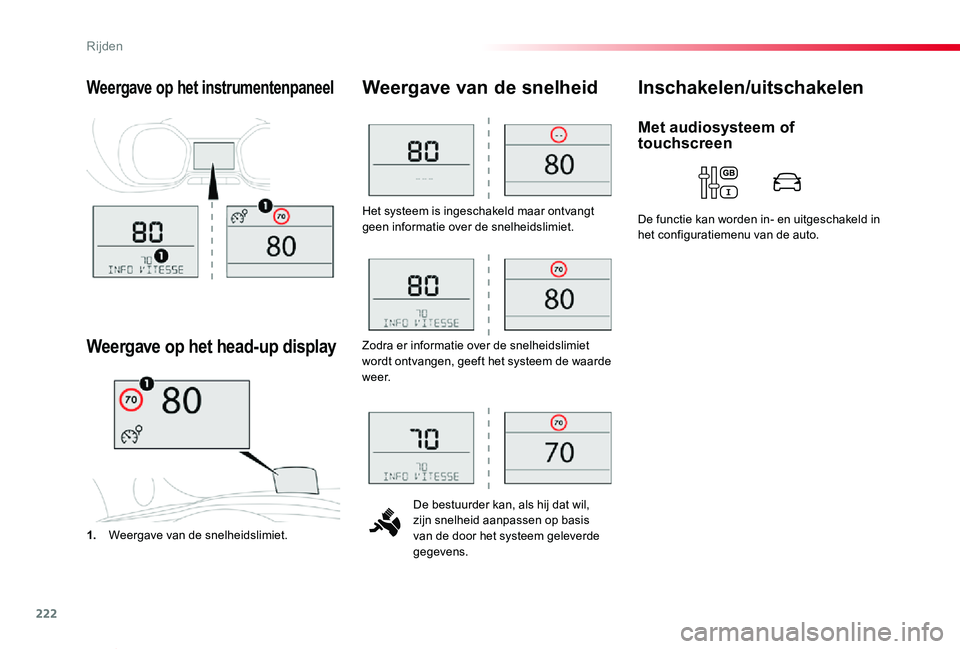 TOYOTA PROACE VERSO 2020  Instructieboekje (in Dutch) 222
ProaceVerso_nl_Chap06_conduite_ed2019_V02
Het systeem is ingeschakeld maar ontvangt geen informatie over de snelheidslimiet.
De bestuurder kan, als hij dat wil, zijn snelheid aanpassen op basis va