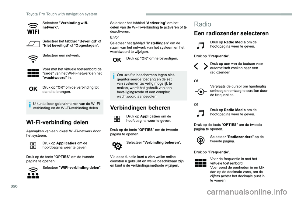 TOYOTA PROACE VERSO 2020 Instructieboekje (in Dutch) 350
Selecteer "Verbinding wifi-netwerk".
Selecteer het tabblad "Beveiligd" of "Niet beveiligd" of "Opgeslagen".
Selecteer een netwerk.
Voer met het virtuele toetsenbord TOYOTA PROACE VERSO 2020 Instructieboekje (in Dutch) 350
Selecteer "Verbinding wifi-netwerk".
Selecteer het tabblad "Beveiligd" of "Niet beveiligd" of "Opgeslagen".
Selecteer een netwerk.
Voer met het virtuele toetsenbord