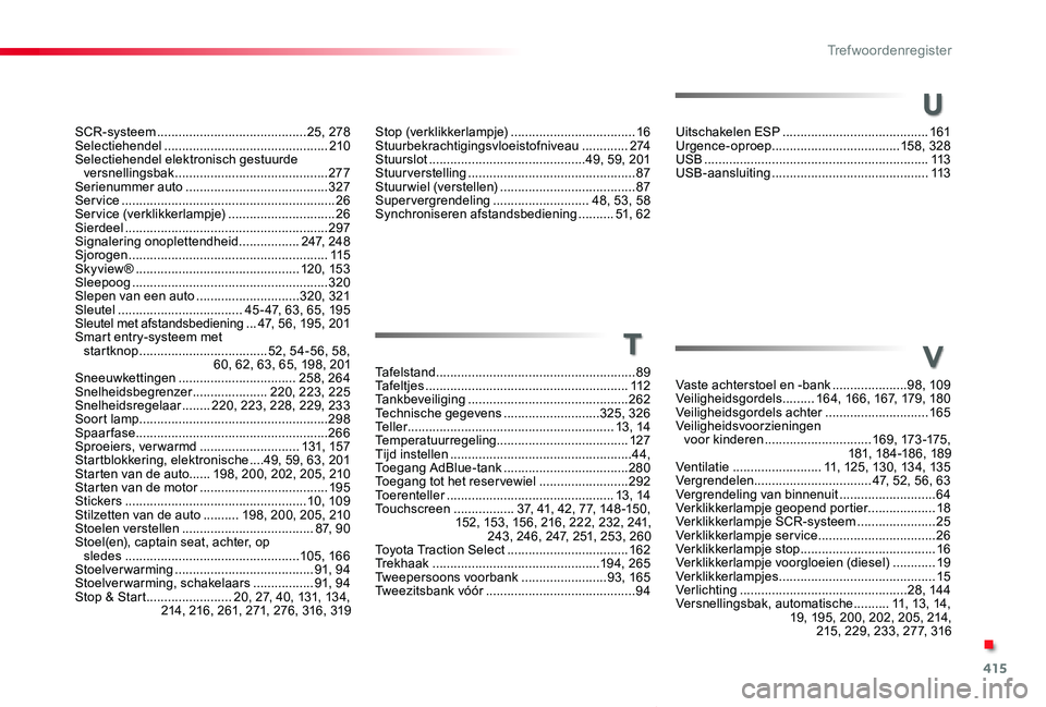 TOYOTA PROACE VERSO 2020  Instructieboekje (in Dutch) 415
ProaceVerso_nl_Chap11_index-alpha_ed2019_V02
Stop (verklikkerlampje) ...................................16Stuurbekrachtigingsvloeistofniveau .............2 74Stuurslot ............................