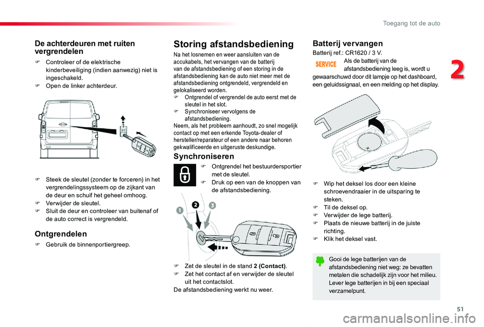 TOYOTA PROACE VERSO 2020 Instructieboekje (in Dutch) 51
ProaceVerso_nl_Chap02_ouvertures_ed2019_V02
Batterij vervangen
Gooi de lege batterijen van de afstandsbediening niet weg: ze bevatten metalen die schadelijk zijn voor het milieu.Lever lege batterij TOYOTA PROACE VERSO 2020 Instructieboekje (in Dutch) 51
ProaceVerso_nl_Chap02_ouvertures_ed2019_V02
Batterij vervangen
Gooi de lege batterijen van de afstandsbediening niet weg: ze bevatten metalen die schadelijk zijn voor het milieu.Lever lege batterij