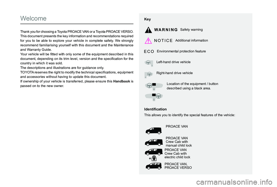 TOYOTA PROACE VERSO 2021 Owners Manual
Welcome
Thank you for choosing a Toyota PROACE VAN or a Toyota PROACE VERSO.This document presents the key information and recommendations required for TOYOTA PROACE VERSO 2021 Owners Manual
Welcome
Thank you for choosing a Toyota PROACE VAN or a Toyota PROACE VERSO.This document presents the key information and recommendations required for