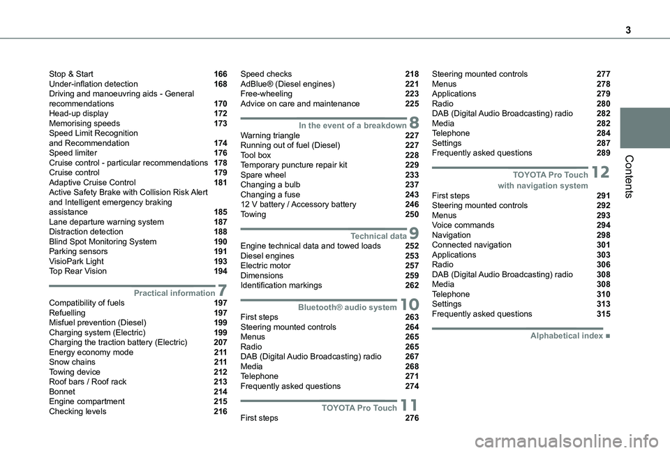 TOYOTA PROACE VERSO 2021 Owners Manual 3
Contents
Stop & Start 166Under-inflation detection 168Driving and manoeuvring aids - General recommendations 170Head-up display 172Memorising speeds 173Speed Limit Recognition and Recommen TOYOTA PROACE VERSO 2021 Owners Manual 3
Contents
Stop & Start 166Under-inflation detection 168Driving and manoeuvring aids - General recommendations 170Head-up display 172Memorising speeds 173Speed Limit Recognition and Recommen