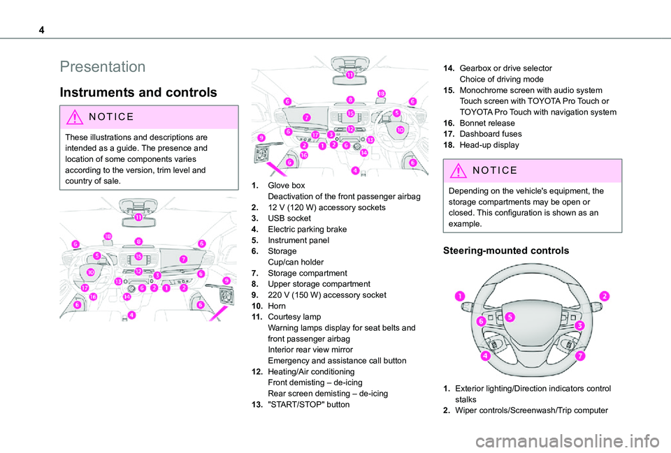 TOYOTA PROACE VERSO 2021 Owners Manual 4
Presentation
Instruments and controls
NOTIC E
These illustrations and descriptions are intended as a guide. The presence and location of some components varies
according to the version, trim level TOYOTA PROACE VERSO 2021 Owners Manual 4
Presentation
Instruments and controls
NOTIC E
These illustrations and descriptions are intended as a guide. The presence and location of some components varies
according to the version, trim level