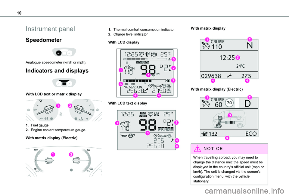 TOYOTA PROACE VERSO 2021 Owners Manual 10
Instrument panel
Speedometer
Analogue speedometer (km/h or mph).
Indicators and displays
With LCD text or matrix display
1.Fuel gauge
2.Engine coolant temperature gauge.
With matrix displa TOYOTA PROACE VERSO 2021 Owners Manual 10
Instrument panel
Speedometer
Analogue speedometer (km/h or mph).
Indicators and displays
With LCD text or matrix display
1.Fuel gauge
2.Engine coolant temperature gauge.
With matrix displa