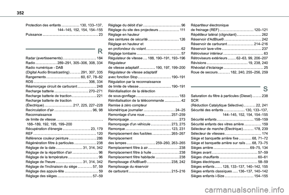 TOYOTA PROACE VERSO 2021 Notices Demploi (in French) 352
Protection des enfants 130, 133–137, 144–145, 152, 154, 154–155Puissance 23
R
Radar (avertissements) 184Radio 289–291, 305–306, 308, 334Radio numérique - DAB (Digital Audio B TOYOTA PROACE VERSO 2021 Notices Demploi (in French) 352
Protection des enfants 130, 133–137, 144–145, 152, 154, 154–155Puissance 23
R
Radar (avertissements) 184Radio 289–291, 305–306, 308, 334Radio numérique - DAB (Digital Audio B