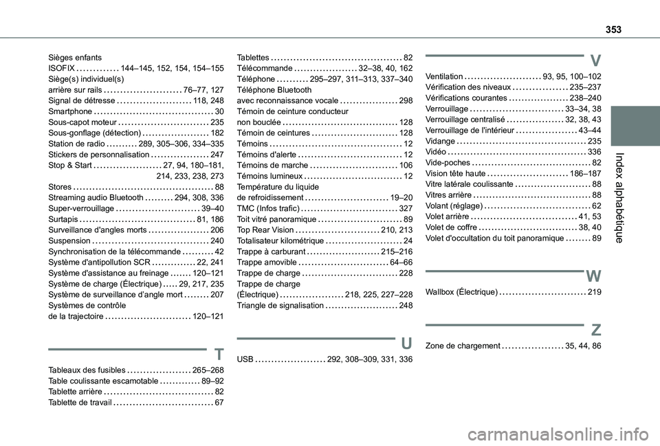 TOYOTA PROACE VERSO 2021 Notices Demploi (in French) 353
Index alphabétique
Sièges enfants ISOFIX 144–145, 152, 154, 154–155Siège(s) individuel(s) arrière sur rails 76–77, 127Signal de détresse 11 8, 248Smartphone 30Sous-capot moteu TOYOTA PROACE VERSO 2021 Notices Demploi (in French) 353
Index alphabétique
Sièges enfants ISOFIX 144–145, 152, 154, 154–155Siège(s) individuel(s) arrière sur rails 76–77, 127Signal de détresse 11 8, 248Smartphone 30Sous-capot moteu