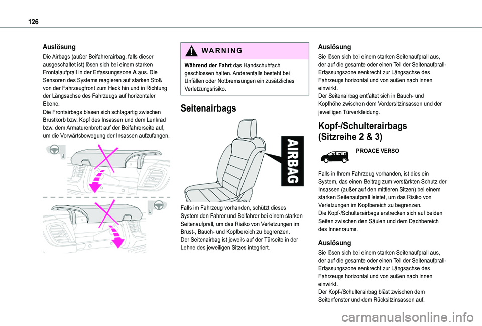 TOYOTA PROACE VERSO 2021  Betriebsanleitungen (in German) 126
Auslösung
Die Airbags (außer Beifahrerairbag, falls dieser ausgeschaltet ist) lösen sich bei einem starken Frontalaufprall in der Erfassungszone A aus. Die Sensoren des Systems reagieren auf st
