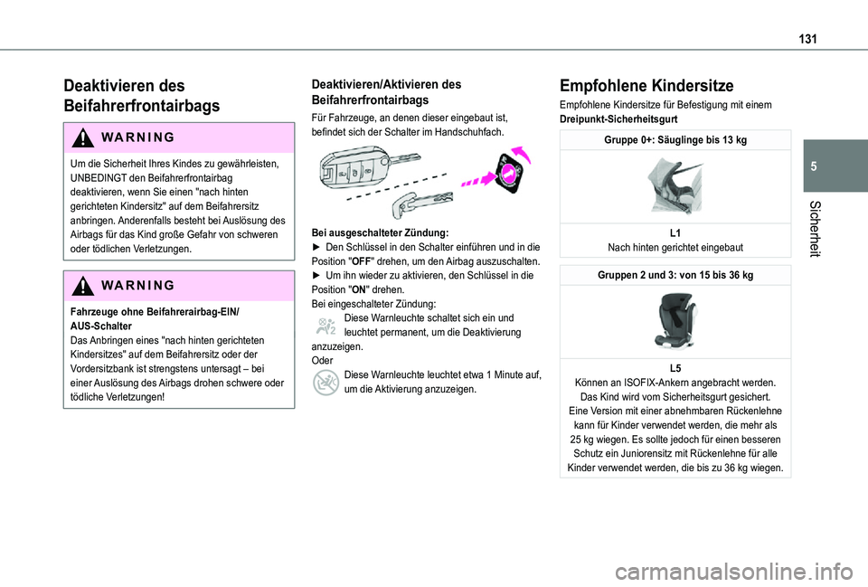 TOYOTA PROACE VERSO 2021 Betriebsanleitungen (in German) 131
Sicherheit
5
Deaktivieren des
Beifahrerfrontairbags
WARNI NG
Um die Sicherheit Ihres Kindes zu gewährleisten, UNBEDINGT den Beifahrerfrontairbag deaktivieren, wenn Sie einen "nach hinten ger TOYOTA PROACE VERSO 2021 Betriebsanleitungen (in German) 131
Sicherheit
5
Deaktivieren des
Beifahrerfrontairbags
WARNI NG
Um die Sicherheit Ihres Kindes zu gewährleisten, UNBEDINGT den Beifahrerfrontairbag deaktivieren, wenn Sie einen "nach hinten ger