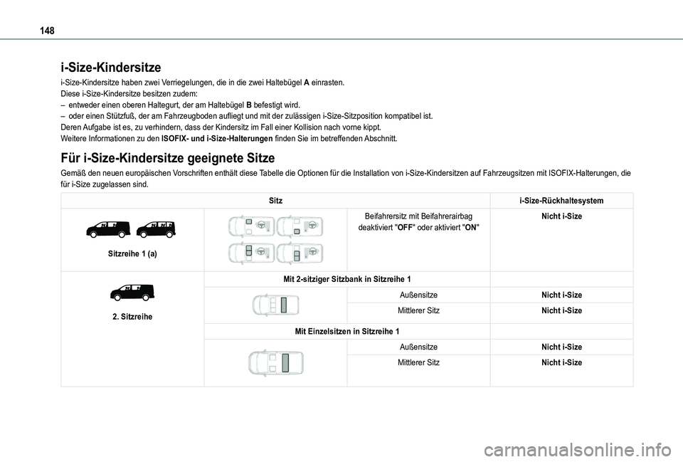 TOYOTA PROACE VERSO 2021  Betriebsanleitungen (in German) 148
i-Size-Kindersitze
i-Size-Kindersitze haben zwei Verriegelungen, die in die zwei Haltebügel A einrasten.Diese i-Size-Kindersitze besitzen zudem:– entweder einen oberen Haltegurt, der am Halteb