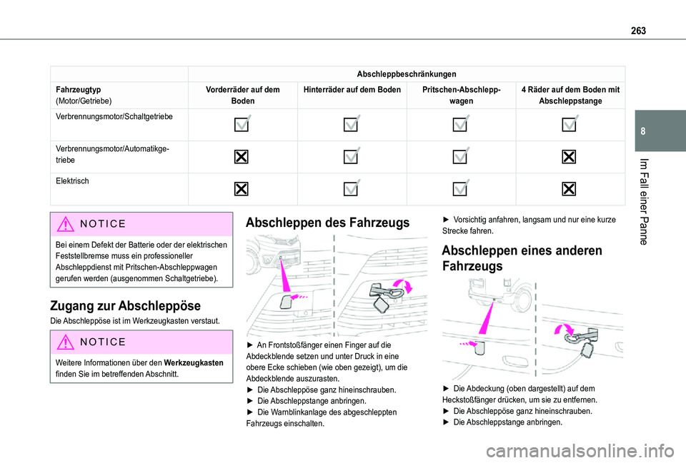 TOYOTA PROACE VERSO 2021 Betriebsanleitungen (in German) 263
Im Fall einer Panne
8
Abschleppbeschränkungen
Fahrzeugtyp(Motor/Getriebe)Vorderräder auf dem BodenHinterräder auf dem BodenPritschen-Abschlepp-wagen4 Räder auf dem Boden mit Abschleppstange
Ve TOYOTA PROACE VERSO 2021 Betriebsanleitungen (in German) 263
Im Fall einer Panne
8
Abschleppbeschränkungen
Fahrzeugtyp(Motor/Getriebe)Vorderräder auf dem BodenHinterräder auf dem BodenPritschen-Abschlepp-wagen4 Räder auf dem Boden mit Abschleppstange
Ve