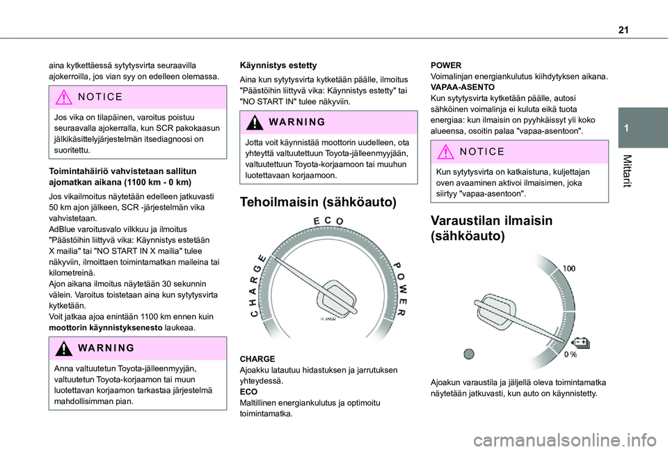 TOYOTA PROACE VERSO 2021 Omistajan Käsikirja (in Finnish) 21
Mittarit
1
aina kytkettäessä sytytysvirta seuraavilla ajokerroilla, jos vian syy on edelleen olemassa.
NOTIC E
Jos vika on tilapäinen, varoitus poistuu seuraavalla ajokerralla, kun SCR pakokaasu TOYOTA PROACE VERSO 2021 Omistajan Käsikirja (in Finnish) 21
Mittarit
1
aina kytkettäessä sytytysvirta seuraavilla ajokerroilla, jos vian syy on edelleen olemassa.
NOTIC E
Jos vika on tilapäinen, varoitus poistuu seuraavalla ajokerralla, kun SCR pakokaasu