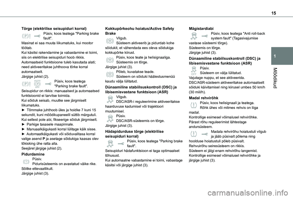 TOYOTA PROACE VERSO 2021  Kasutusjuhend (in Estonian) 15
Mõõdikud
1
Tõrge (elektrilise seisupiduri korral)Püsiv, koos teatega "Parking brake fault".Masinat ei saa muuta liikumatuks, kui mootor töötab.Kui käsitsi rakendamine ja vabastamine 