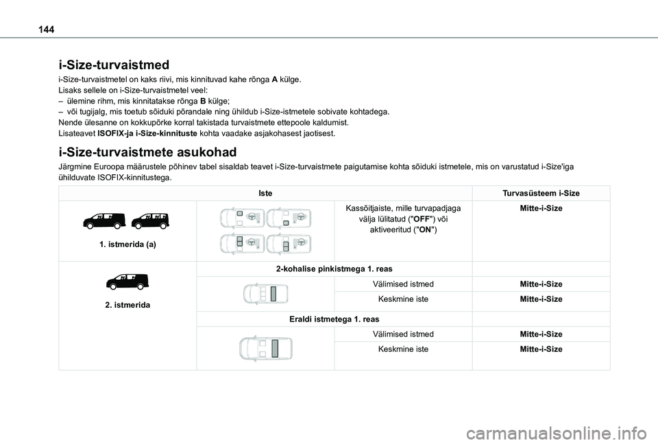 TOYOTA PROACE VERSO 2021 Kasutusjuhend (in Estonian) 144
i-Size-turvaistmed
i-Size-turvaistmetel on kaks riivi, mis kinnituvad kahe rõnga A külge.Lisaks sellele on i-Size-turvaistmetel veel:– ülemine rihm, mis kinnitatakse rõnga B külge;– või TOYOTA PROACE VERSO 2021 Kasutusjuhend (in Estonian) 144
i-Size-turvaistmed
i-Size-turvaistmetel on kaks riivi, mis kinnituvad kahe rõnga A külge.Lisaks sellele on i-Size-turvaistmetel veel:– ülemine rihm, mis kinnitatakse rõnga B külge;– või