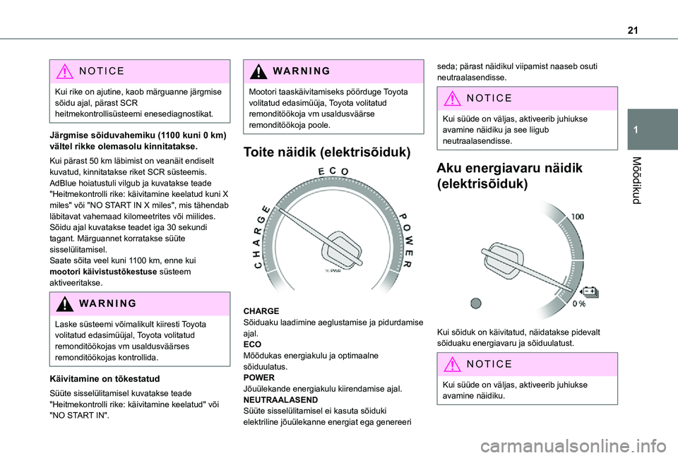 TOYOTA PROACE VERSO 2021  Kasutusjuhend (in Estonian) 21
Mõõdikud
1
NOTIC E
Kui rike on ajutine, kaob märguanne järgmise sõidu ajal, pärast SCR heitmekontrollisüsteemi enesediagnostikat.
Järgmise sõiduvahemiku (1100 kuni 0 km) vältel rikke olem