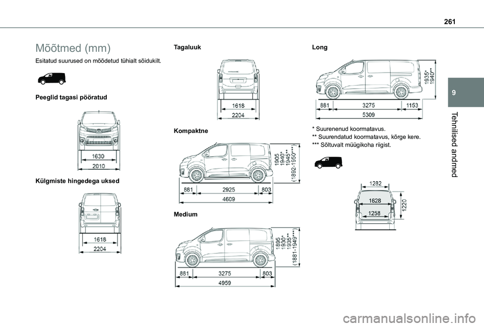 TOYOTA PROACE VERSO 2021  Kasutusjuhend (in Estonian) 261
Tehnilised andmed
9
Mõõtmed (mm)
Esitatud suurused on mõõdetud tühialt sõidukilt. 
 
Peeglid tagasi pööratud 
 
Külgmiste hingedega uksed 
 
Tagaluuk 
 
Kompaktne 
 
Medium 
 
Long 
 
* S