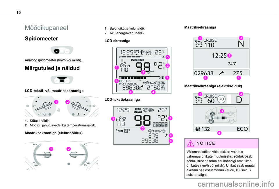 TOYOTA PROACE VERSO 2021  Kasutusjuhend (in Estonian) 10
Mõõdikupaneel
Spidomeeter 
 
Analoogspidomeeter (km/h või miil/h).
Märgutuled ja näidud 
 
LCD-teksti- või maatriksekraaniga 
 
1.Kütusenäidik
2.Mootori jahutusvedeliku temperatuurinäidik.