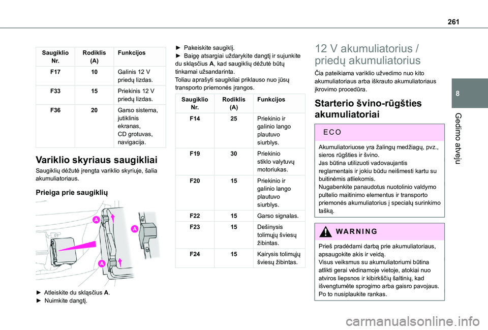 TOYOTA PROACE VERSO 2021 Eksploatavimo vadovas (in Lithuanian) 261
Gedimo atveju
8
Saugiklio N r.Rodiklis(A)Funkcijos
F1710Galinis 12 V priedų lizdas.
F3315Priekinis 12 V priedų lizdas.
F3620Garso sistema, jutiklinis ekranas, CD grotuvas, navigacija.
Variklio s TOYOTA PROACE VERSO 2021 Eksploatavimo vadovas (in Lithuanian) 261
Gedimo atveju
8
Saugiklio N r.Rodiklis(A)Funkcijos
F1710Galinis 12 V priedų lizdas.
F3315Priekinis 12 V priedų lizdas.
F3620Garso sistema, jutiklinis ekranas, CD grotuvas, navigacija.
Variklio s