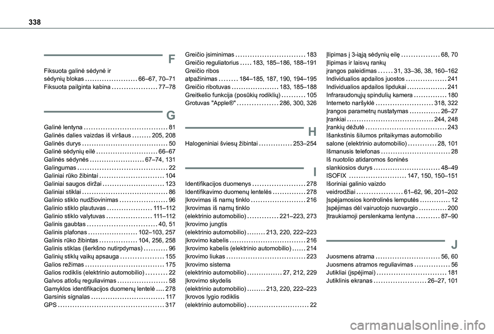 TOYOTA PROACE VERSO 2021 Eksploatavimo vadovas (in Lithuanian) 338
F
Fiksuota galinė sėdynė ir sėdynių blokas 66–67, 70–71Fiksuota pailginta kabina 77–78
G
Galinė lentyna 81Galinės dalies vaizdas iš viršaus 205, 208Galinės durys 50Galin TOYOTA PROACE VERSO 2021 Eksploatavimo vadovas (in Lithuanian) 338
F
Fiksuota galinė sėdynė ir sėdynių blokas 66–67, 70–71Fiksuota pailginta kabina 77–78
G
Galinė lentyna 81Galinės dalies vaizdas iš viršaus 205, 208Galinės durys 50Galin
