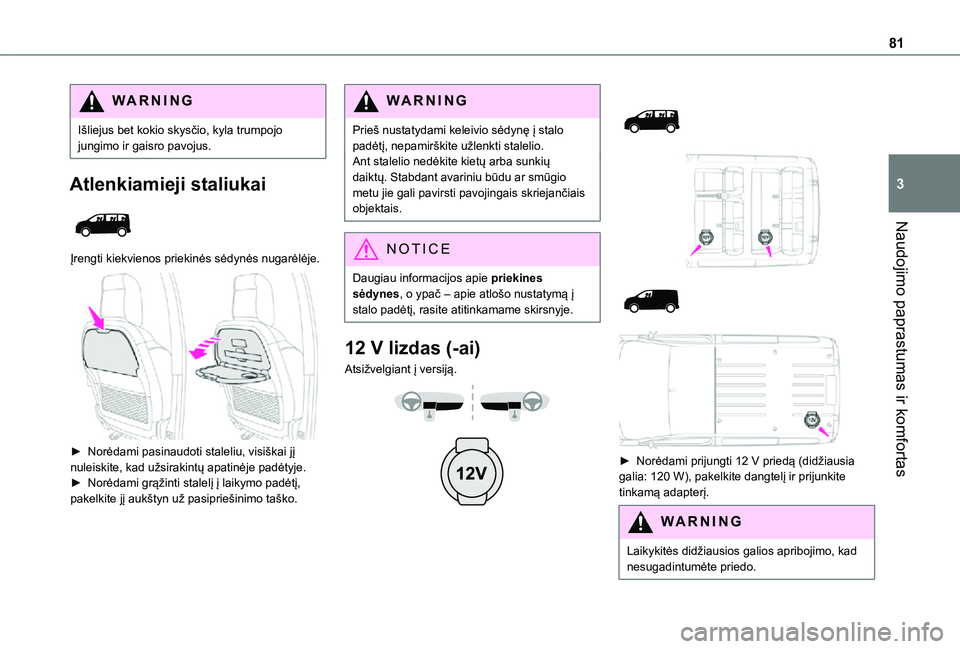 TOYOTA PROACE VERSO 2021 Eksploatavimo vadovas (in Lithuanian) 81
Naudojimo paprastumas ir komfortas
3
WARNI NG
Išliejus bet kokio skysčio, kyla trumpojo jungimo ir gaisro pavojus.
Atlenkiamieji staliukai
Įrengti kiekvienos priekinės sėdynės nugarėlėje TOYOTA PROACE VERSO 2021 Eksploatavimo vadovas (in Lithuanian) 81
Naudojimo paprastumas ir komfortas
3
WARNI NG
Išliejus bet kokio skysčio, kyla trumpojo jungimo ir gaisro pavojus.
Atlenkiamieji staliukai
Įrengti kiekvienos priekinės sėdynės nugarėlėje