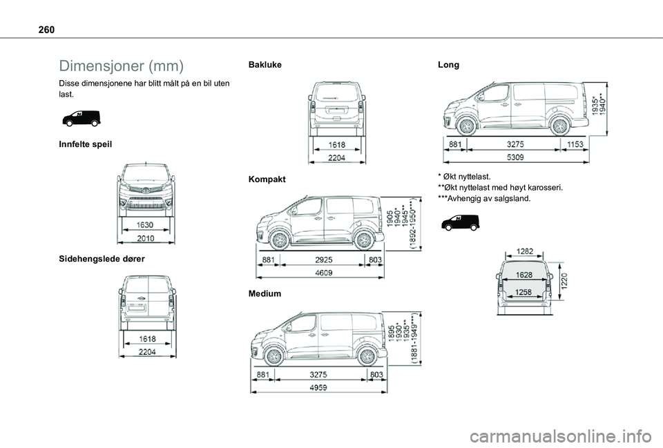 TOYOTA PROACE VERSO 2021 Instruksjoner for bruk (in Norwegian) 260
Dimensjoner (mm)
Disse dimensjonene har blitt målt på en bil uten last.
Innfelte speil
Sidehengslede dører
Bakluke
Kompakt
Medium
Long
* Økt nyttelast.**Økt nyttelast med TOYOTA PROACE VERSO 2021 Instruksjoner for bruk (in Norwegian) 260
Dimensjoner (mm)
Disse dimensjonene har blitt målt på en bil uten last.
Innfelte speil
Sidehengslede dører
Bakluke
Kompakt
Medium
Long
* Økt nyttelast.**Økt nyttelast med
