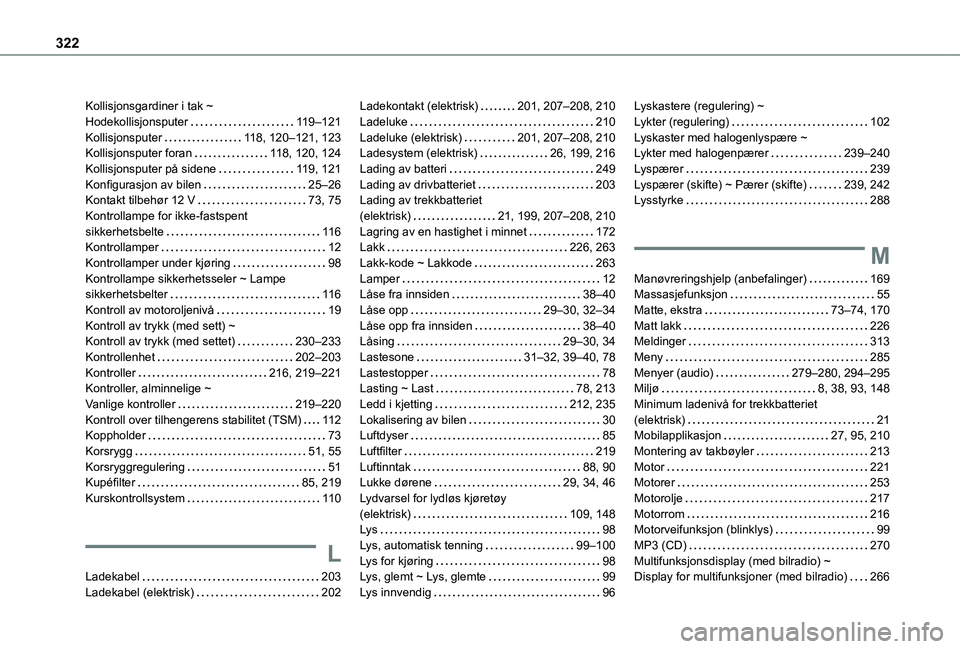 TOYOTA PROACE VERSO 2021 Instruksjoner for bruk (in Norwegian) 322
Kollisjonsgardiner i tak ~ Hodekollisjonsputer 11 9–121Kollisjonsputer 11 8, 120–121, 123Kollisjonsputer foran 11 8, 120, 124Kollisjonsputer på sidene 11 9, 121Konfigurasjon av bilen TOYOTA PROACE VERSO 2021 Instruksjoner for bruk (in Norwegian) 322
Kollisjonsgardiner i tak ~ Hodekollisjonsputer 11 9–121Kollisjonsputer 11 8, 120–121, 123Kollisjonsputer foran 11 8, 120, 124Kollisjonsputer på sidene 11 9, 121Konfigurasjon av bilen
