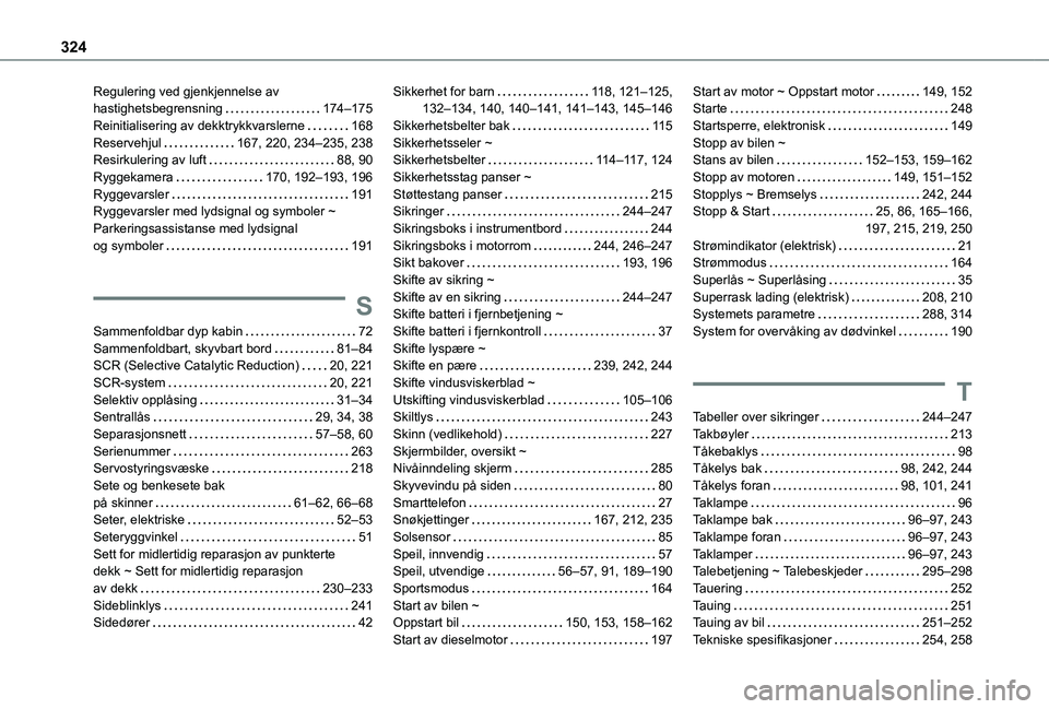 TOYOTA PROACE VERSO 2021 Instruksjoner for bruk (in Norwegian) 324
Regulering ved gjenkjennelse av hastighetsbegrensning 174–175Reinitialisering av dekktrykkvarslerne 168Reservehjul 167, 220, 234–235, 238Resirkulering av luft 88, 90Ryggekamera 170, TOYOTA PROACE VERSO 2021 Instruksjoner for bruk (in Norwegian) 324
Regulering ved gjenkjennelse av hastighetsbegrensning 174–175Reinitialisering av dekktrykkvarslerne 168Reservehjul 167, 220, 234–235, 238Resirkulering av luft 88, 90Ryggekamera 170,