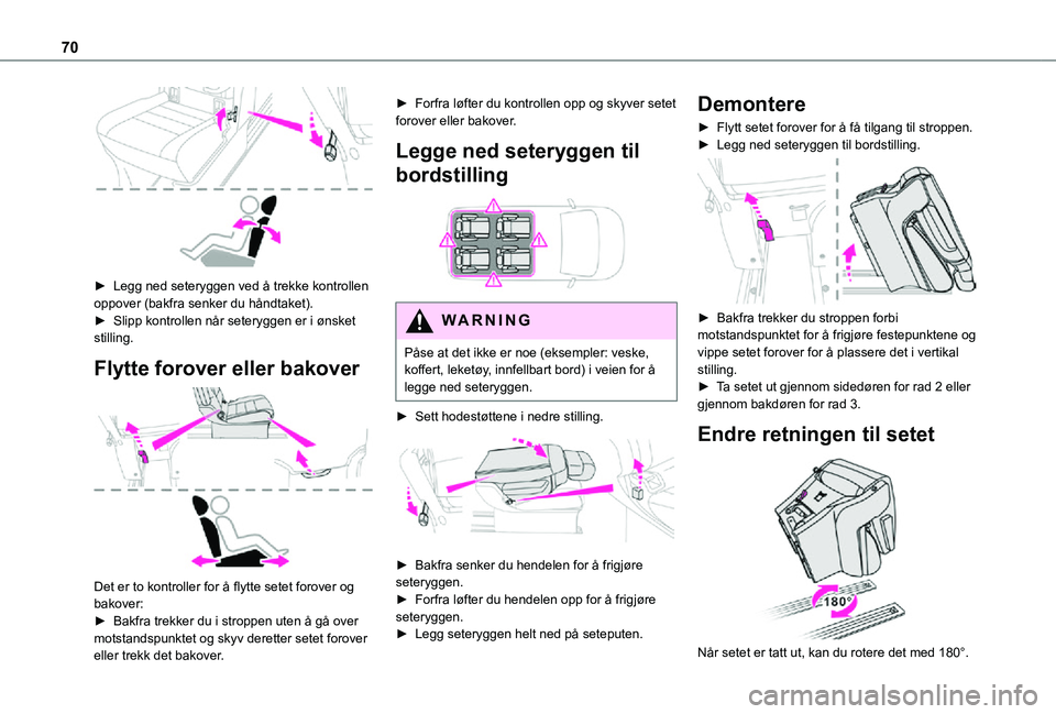 TOYOTA PROACE VERSO 2021 Instruksjoner for bruk (in Norwegian) 70
► Legg ned seteryggen ved å trekke kontrollen oppover (bakfra senker du håndtaket).► Slipp kontrollen når seteryggen er i ønsket stilling.
Flytte forover eller bakover
Det er to kontro TOYOTA PROACE VERSO 2021 Instruksjoner for bruk (in Norwegian) 70
► Legg ned seteryggen ved å trekke kontrollen oppover (bakfra senker du håndtaket).► Slipp kontrollen når seteryggen er i ønsket stilling.
Flytte forover eller bakover
Det er to kontro