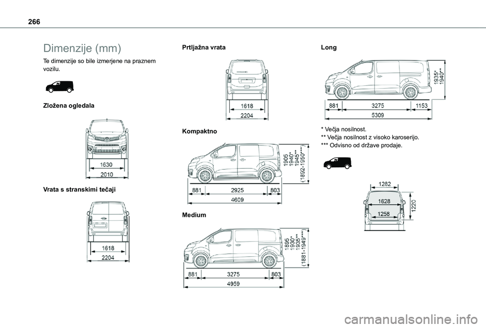 TOYOTA PROACE VERSO 2021  Navodila Za Uporabo (in Slovenian) 266
Dimenzije (mm)
Te dimenzije so bile izmerjene na praznem vozilu. 
 
Zložena ogledala 
 
Vrata s stranskimi tečaji 
 
Prtljažna vrata 
 
Kompaktno 
 
Medium 
 
Long 
 
* Večja nosilnost.** Več