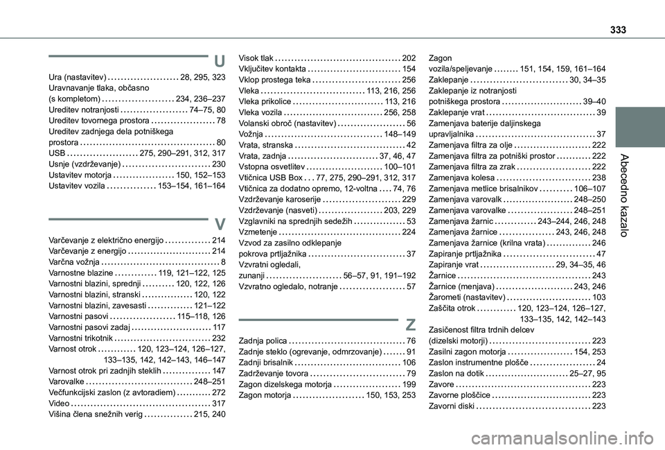 TOYOTA PROACE VERSO 2021 Navodila Za Uporabo (in Slovenian) 333
Abecedno kazalo
U
Ura (nastavitev) 28, 295, 323Uravnavanje tlaka, občasno (s kompletom) 234, 236–237Ureditev notranjosti 74–75, 80Ureditev tovornega prostora 78Ureditev zadnjega dela TOYOTA PROACE VERSO 2021 Navodila Za Uporabo (in Slovenian) 333
Abecedno kazalo
U
Ura (nastavitev) 28, 295, 323Uravnavanje tlaka, občasno (s kompletom) 234, 236–237Ureditev notranjosti 74–75, 80Ureditev tovornega prostora 78Ureditev zadnjega dela