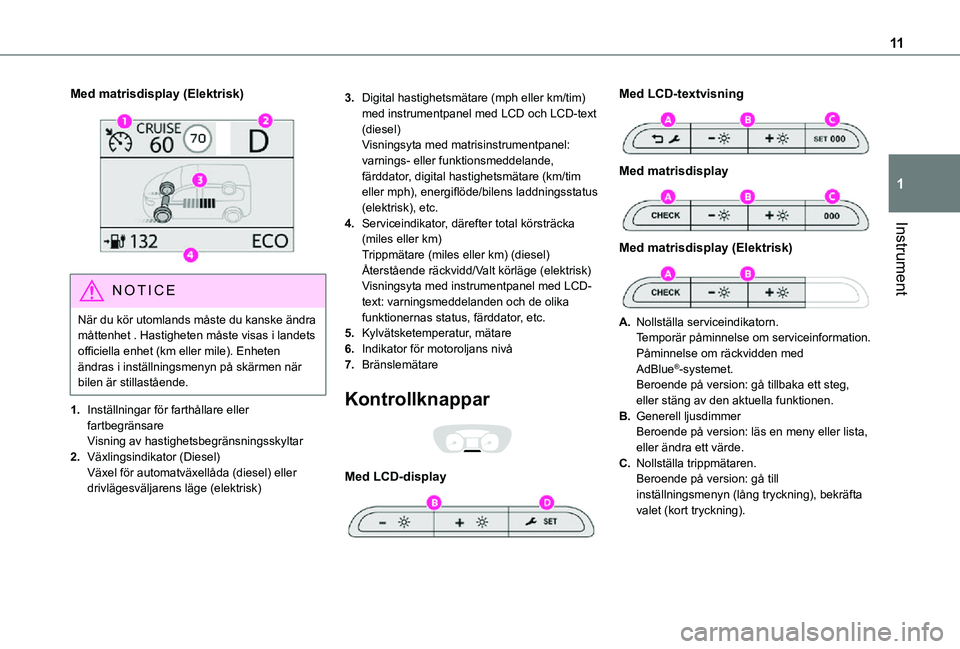 TOYOTA PROACE VERSO 2021 Bruksanvisningar (in Swedish) 11
Instrument
1
Med matrisdisplay (Elektrisk)
NOTIC E
När du kör utomlands måste du kanske ändra måttenhet . Hastigheten måste visas i landets officiella enhet (km eller mile). Enheten ändra TOYOTA PROACE VERSO 2021 Bruksanvisningar (in Swedish) 11
Instrument
1
Med matrisdisplay (Elektrisk)
NOTIC E
När du kör utomlands måste du kanske ändra måttenhet . Hastigheten måste visas i landets officiella enhet (km eller mile). Enheten ändra