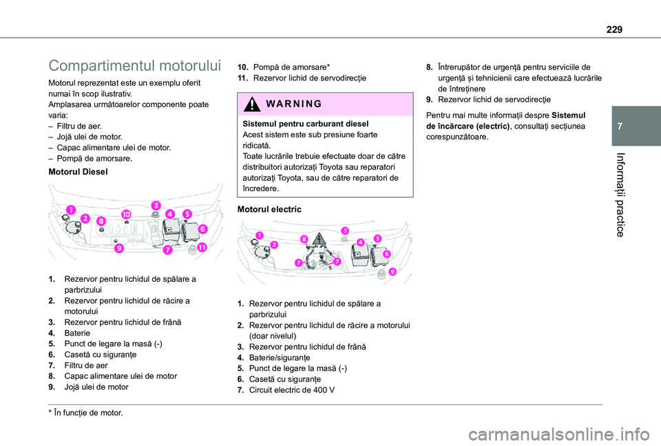 TOYOTA PROACE VERSO 2021 Manual de utilizare (in Romanian) 229
Informații practice
7
Compartimentul motorului
Motorul reprezentat este un exemplu oferit numai în scop ilustrativ.Amplasarea următoarelor componente poate varia:– Filtru de aer.– Jojă ule TOYOTA PROACE VERSO 2021 Manual de utilizare (in Romanian) 229
Informații practice
7
Compartimentul motorului
Motorul reprezentat este un exemplu oferit numai în scop ilustrativ.Amplasarea următoarelor componente poate varia:– Filtru de aer.– Jojă ule