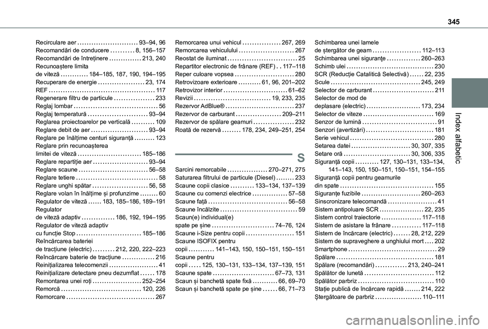 TOYOTA PROACE VERSO 2021 Manual de utilizare (in Romanian) 345
Index alfabetic
Recirculare aer 93–94, 96Recomandări de conducere 8, 156–157Recomandări de întreținere 213, 240Recunoaștere limita de viteză 184–185, 187, 190, 194–195Recupe TOYOTA PROACE VERSO 2021 Manual de utilizare (in Romanian) 345
Index alfabetic
Recirculare aer 93–94, 96Recomandări de conducere 8, 156–157Recomandări de întreținere 213, 240Recunoaștere limita de viteză 184–185, 187, 190, 194–195Recupe