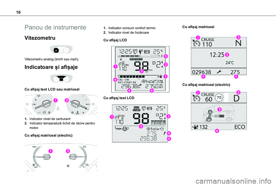 TOYOTA PROACE VERSO 2021  Manual de utilizare (in Romanian) 10
Panou de instrumente
Vitezometru 
 
Vitezometru analog (km/h sau mph).
Indicatoare și afișaje 
 
Cu afișaj text LCD sau matriceal 
 
1.Indicator nivel de carburant
2.Indicator temperatură lichi