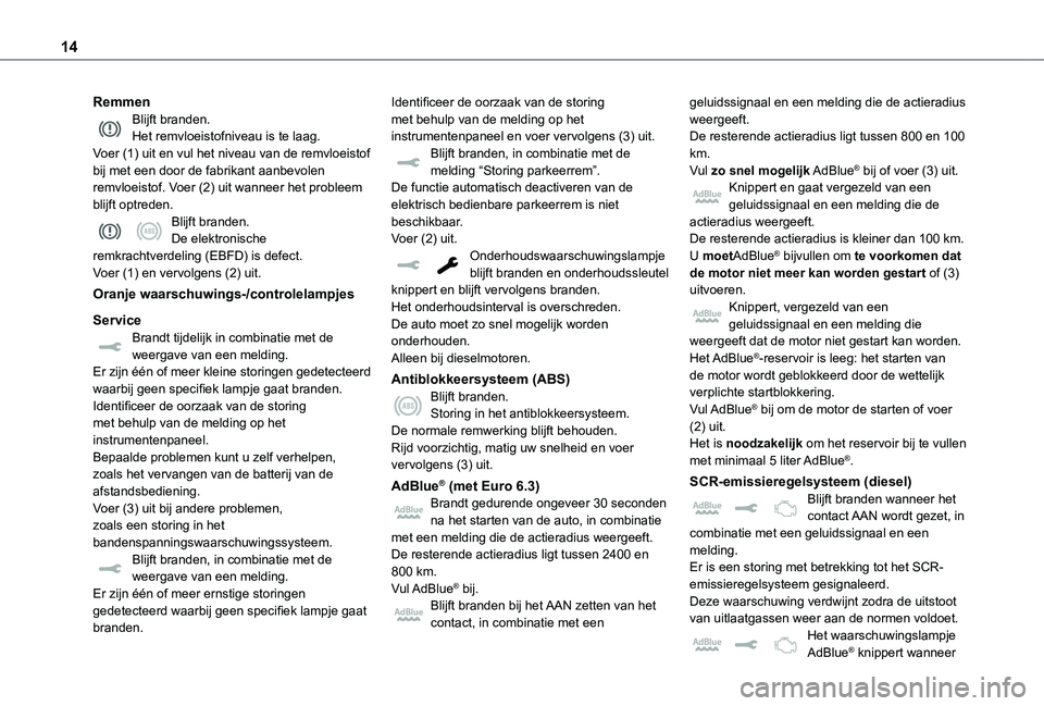 TOYOTA PROACE VERSO 2021 Instructieboekje (in Dutch) 14
RemmenBlijft branden.Het remvloeistofniveau is te laag.Voer (1) uit en vul het niveau van de remvloeistof bij met een door de fabrikant aanbevolen remvloeistof. Voer (2) uit wanneer het probleem bl TOYOTA PROACE VERSO 2021 Instructieboekje (in Dutch) 14
RemmenBlijft branden.Het remvloeistofniveau is te laag.Voer (1) uit en vul het niveau van de remvloeistof bij met een door de fabrikant aanbevolen remvloeistof. Voer (2) uit wanneer het probleem bl