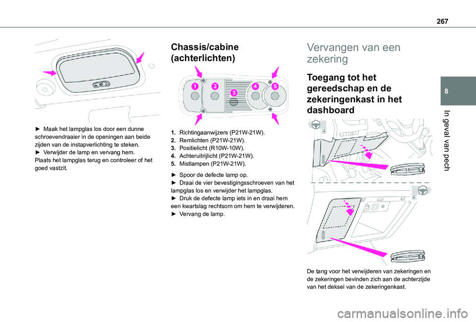 TOYOTA PROACE VERSO 2021 Instructieboekje (in Dutch) 267
In geval van pech
8
► Maak het lampglas los door een dunne schroevendraaier in de openingen aan beide zijden van de instapverlichting te steken.► Verwijder de lamp en vervang hem.Plaats het TOYOTA PROACE VERSO 2021 Instructieboekje (in Dutch) 267
In geval van pech
8
► Maak het lampglas los door een dunne schroevendraaier in de openingen aan beide zijden van de instapverlichting te steken.► Verwijder de lamp en vervang hem.Plaats het