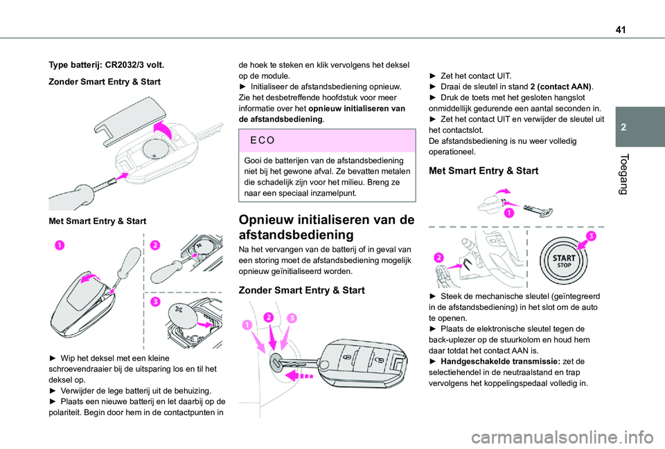 TOYOTA PROACE VERSO 2021 Instructieboekje (in Dutch) 41
Toegang
2
Type batterij: CR2032/3 volt.
Zonder Smart Entry & Start
Met Smart Entry & Start
► Wip het deksel met een kleine schroevendraaier bij de uitsparing los en til het
deksel op.► V TOYOTA PROACE VERSO 2021 Instructieboekje (in Dutch) 41
Toegang
2
Type batterij: CR2032/3 volt.
Zonder Smart Entry & Start
Met Smart Entry & Start
► Wip het deksel met een kleine schroevendraaier bij de uitsparing los en til het
deksel op.► V