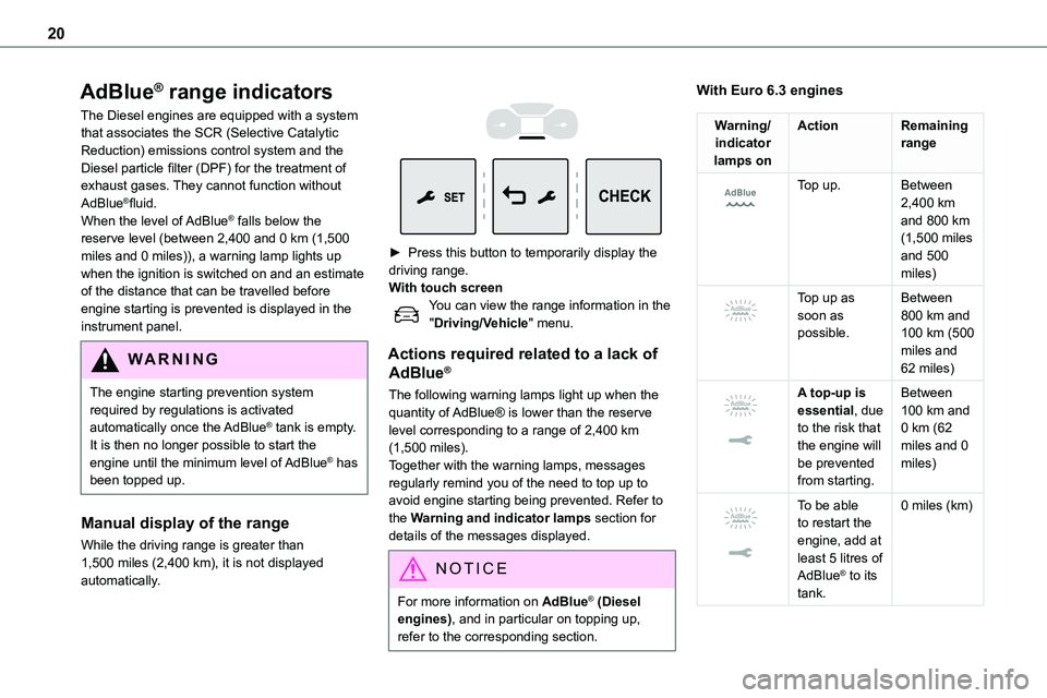 TOYOTA PROACE VERSO 2022  Owners Manual 20
AdBlue® range indicators
The Diesel engines are equipped with a system that associates the SCR (Selective Catalytic Reduction) emissions control system and the Diesel particle filter (DPF) for the